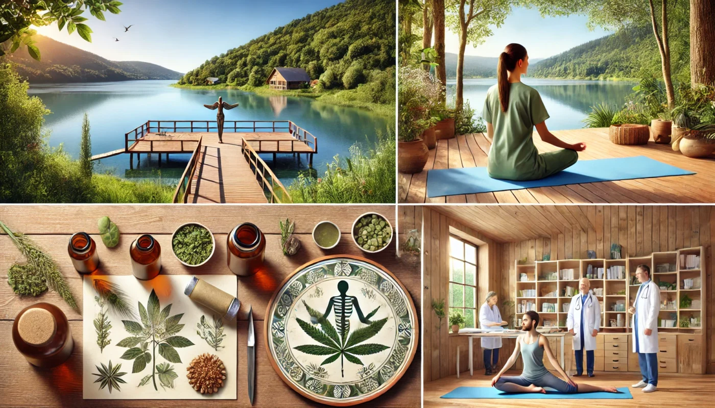 A scenic wellness retreat featuring integrative medicine. The image includes a herbal therapy station, a yoga session on a wooden deck overlooking a lake, and a medical consultation in a nature-inspired setting.