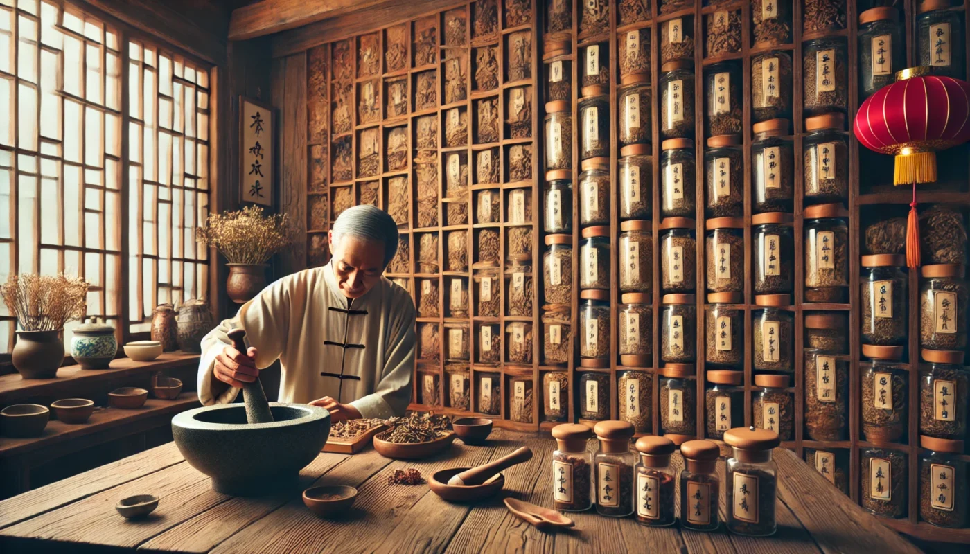 A traditional Chinese medicine clinic with an herbalist preparing natural remedies, surrounded by wooden shelves with herbs, a mortar and pestle, and acupuncture tools.