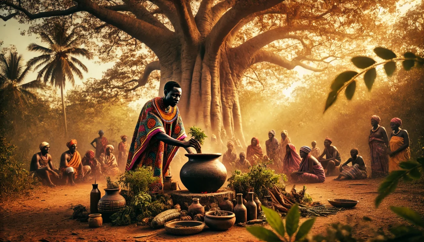 An African traditional healing ceremony under a baobab tree, featuring a healer preparing herbal medicine with villagers and clay pots in a warm, earthy setting.