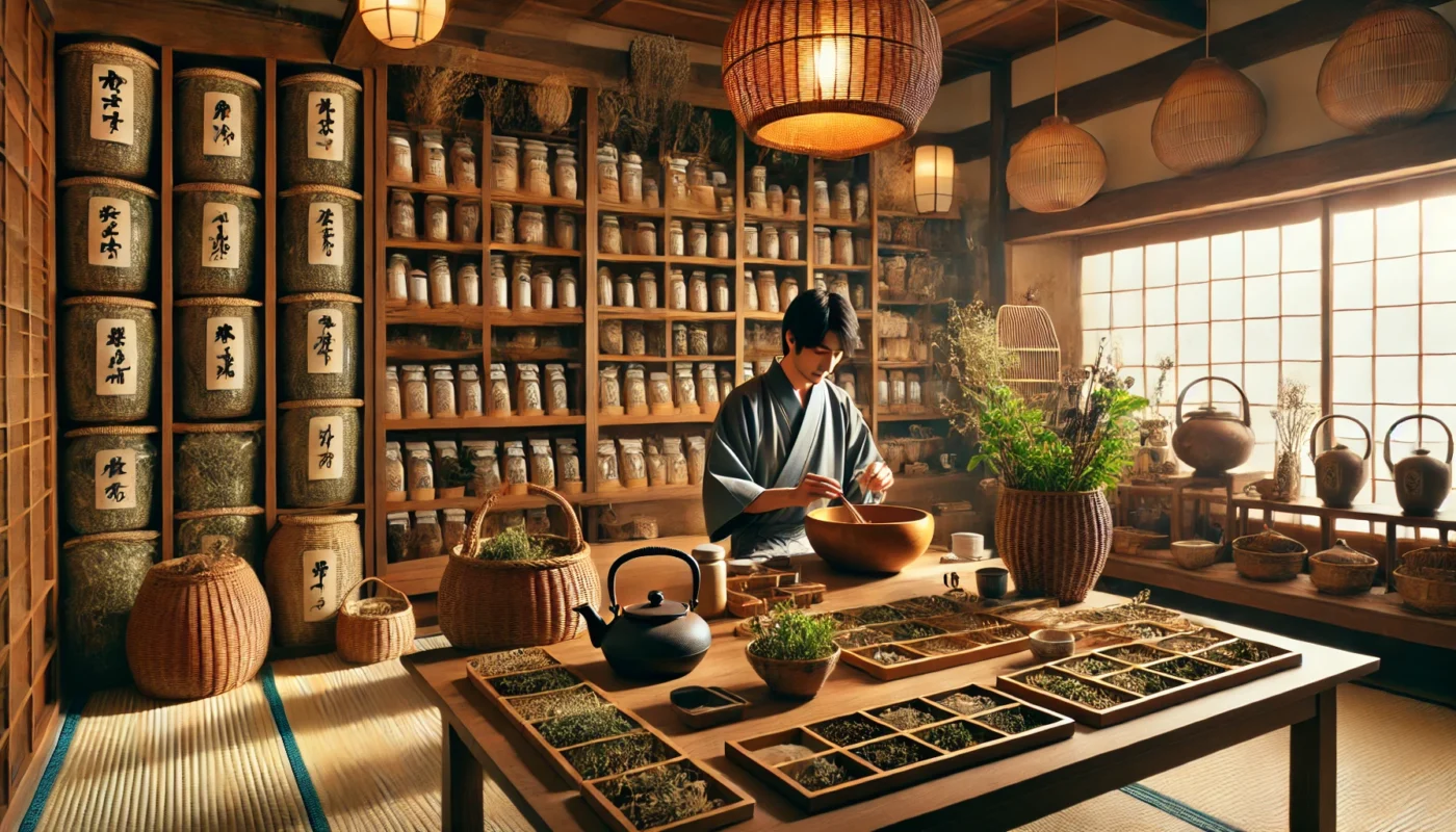 A Japanese Kampo medicine shop with a practitioner blending herbal remedies, surrounded by dried plants, bamboo baskets, and traditional tea-making elements.