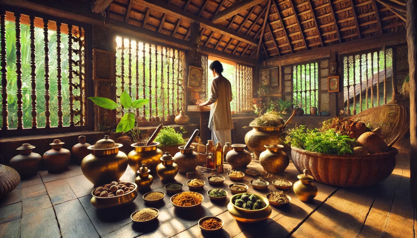 An Ayurvedic healer in India preparing herbal oils and powders, with brass containers, medicinal herbs, and a tranquil atmosphere highlighting traditional Indian medicine.