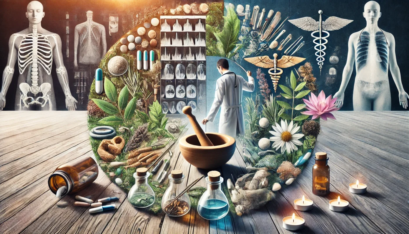 A conceptual representation of various medical practices: Western medicine with a doctor analyzing X-rays, herbal remedies with a rustic setup of dried plants and a mortar and pestle, ancient healing featuring acupuncture and cupping, and modern alternative therapies with crystal healing and yoga.