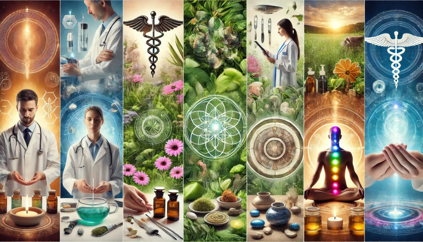 A global perspective on medicine with four sections: conventional hospital medicine with doctors using modern tools, herbal healing with medicinal plants, indigenous medicine with a tribal healer preparing natural remedies, and energy healing with Reiki and chakra alignment.