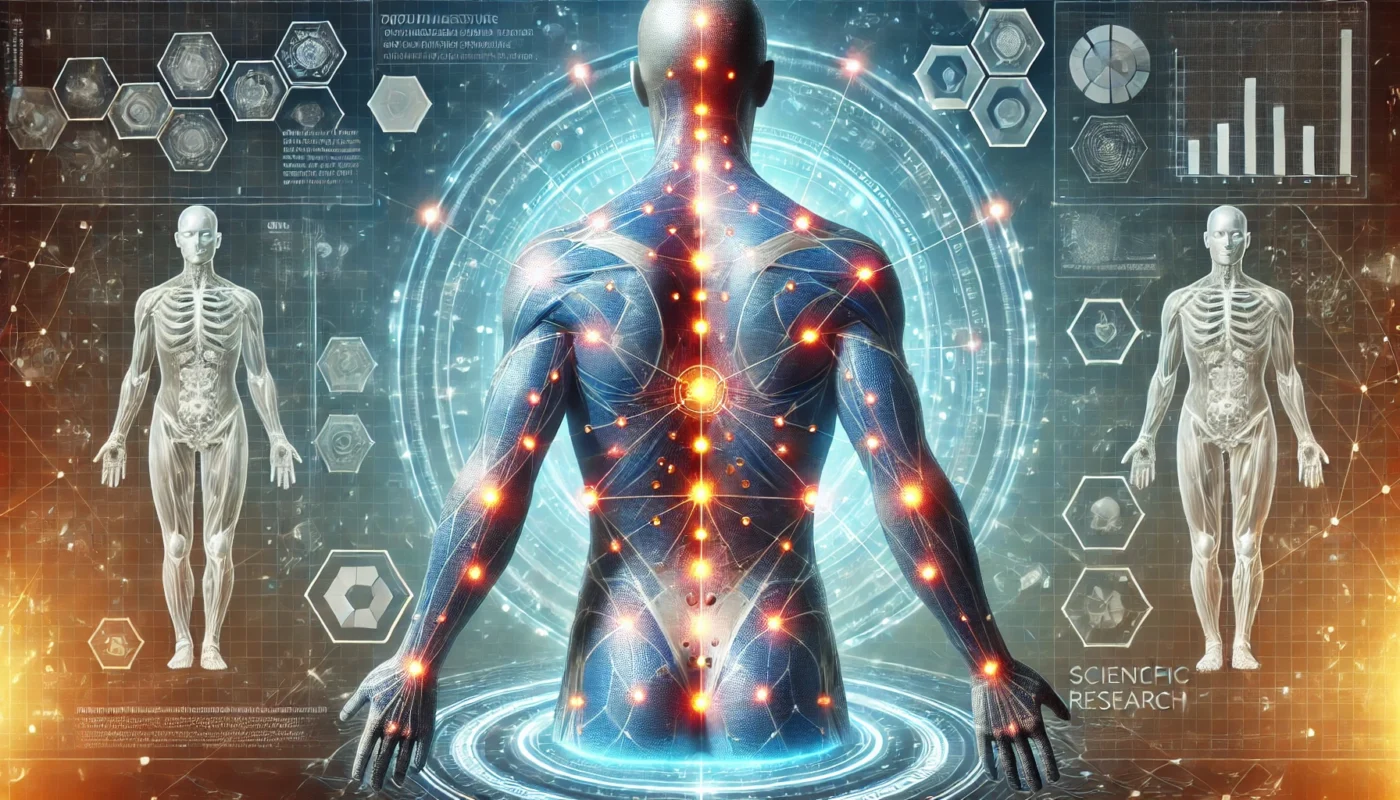 A futuristic digital rendering of a human body with acupuncture points glowing along the meridians, illustrating energy flow and scientific connections.