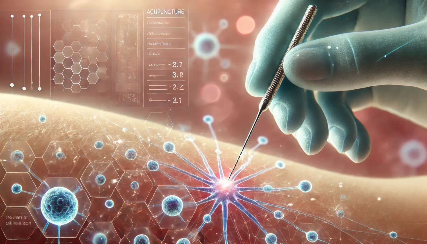 A close-up of an acupuncture needle inserted into human skin, overlaid with a visualization of microscopic cellular interactions and nerve stimulation.