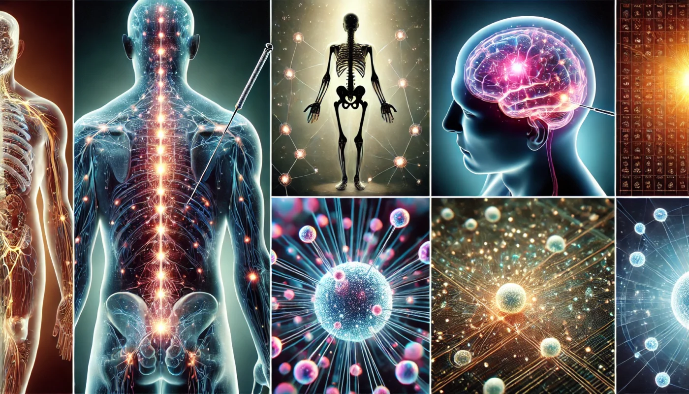 A conceptual artistic representation of brain activity during acupuncture, showing neural pathways lighting up and interconnected synapses responding to treatment.