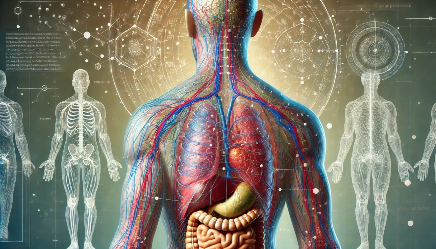 A scientific depiction of the human body blending Eastern meridian charts with Western anatomical diagrams, integrating traditional acupuncture with modern medical research.