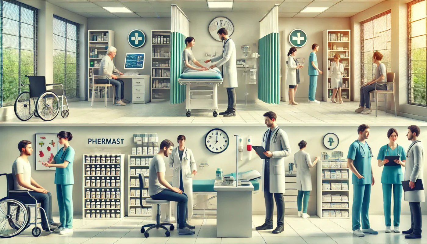 A traditional hospital setting with doctors and nurses attending to patients. The scene includes a doctor consulting a patient, a pharmacist preparing prescription medicine, and a nurse monitoring vital signs, representing modern healthcare practices in conventional medicine