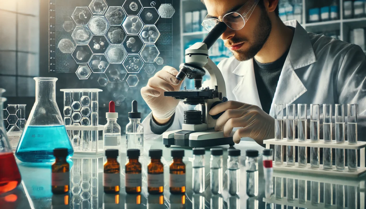 A close-up of a scientist in a laboratory carefully examining liquid samples under a microscope. The surroundings include vials, petri dishes, and advanced medical research equipment, highlighting the pharmaceutical and scientific foundation of conventional medicine.