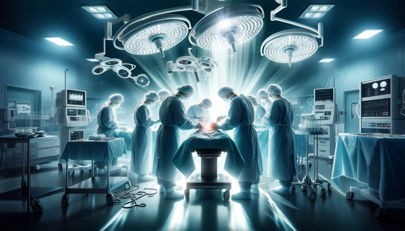 A dynamic operating room where surgeons, dressed in sterile gowns, perform a high-tech surgical procedure. The scene is illuminated by bright surgical lights, with advanced medical devices assisting in precision surgery, showcasing the critical role of conventional medicine in life-saving procedures.