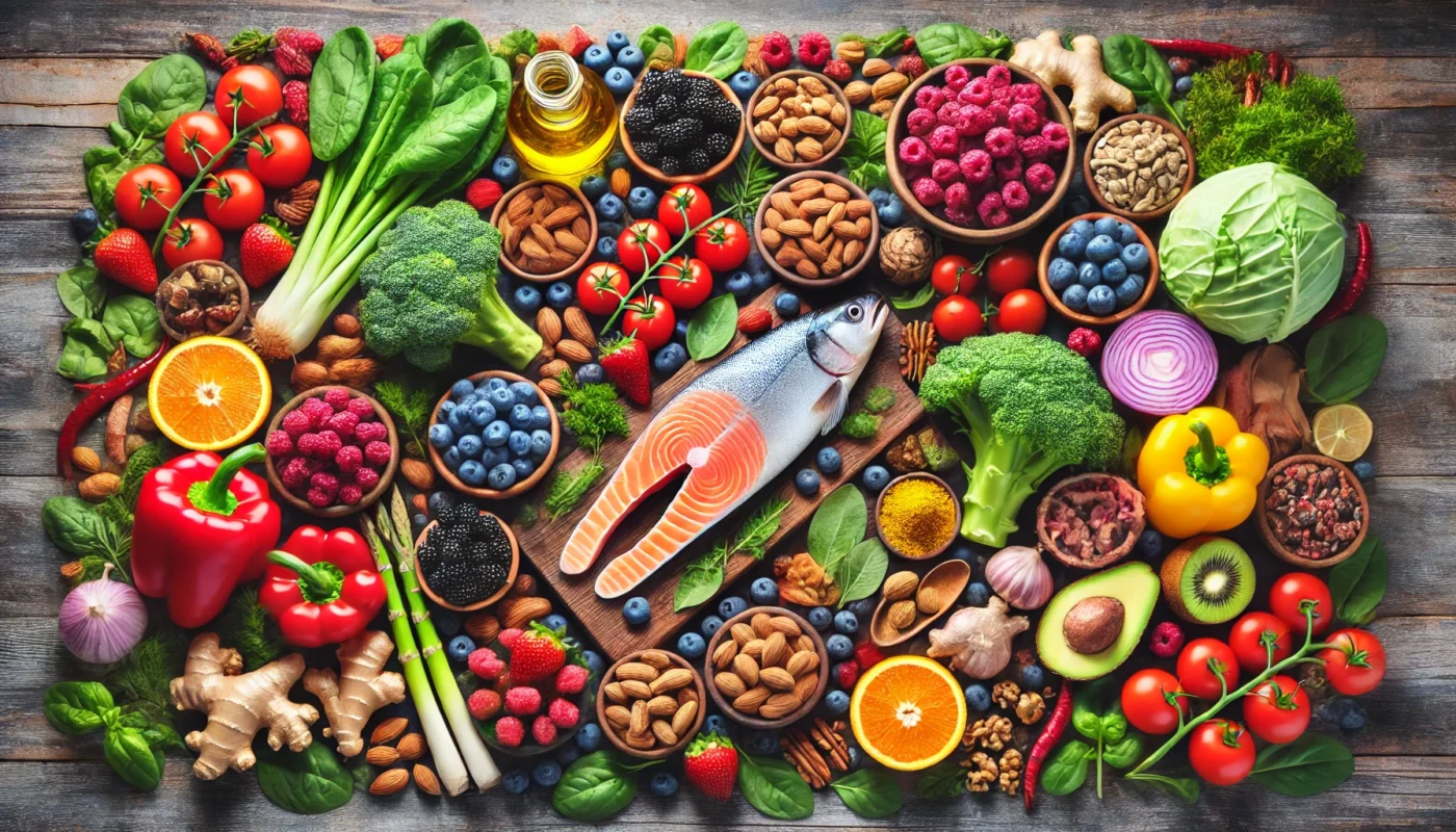 A vibrant display of anti-inflammatory foods on a wooden table, featuring fresh berries, leafy greens, nuts, salmon, turmeric root, ginger root, olive oil, bell peppers, and tomatoes.