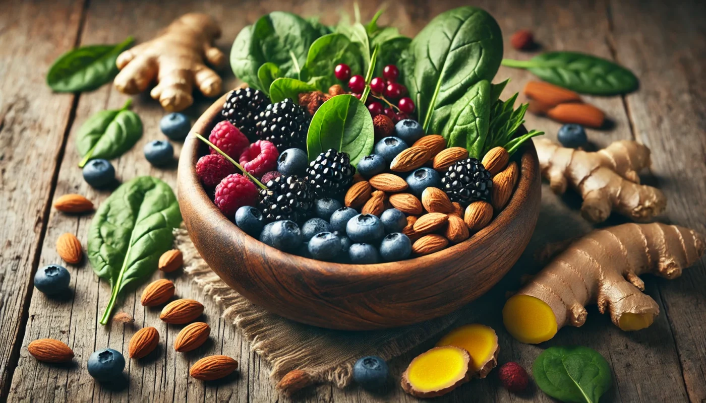 A rustic wooden bowl filled with anti-inflammatory ingredients, including dark leafy greens, vibrant berries, walnuts, almonds, turmeric slices, and ginger root, set in soft natural lighting.