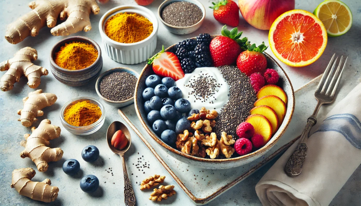 A beautifully styled breakfast bowl filled with Greek yogurt, blueberries, strawberries, walnuts, chia seeds, and a drizzle of honey, surrounded by fresh turmeric, ginger, and citrus fruits in a bright kitchen setting.