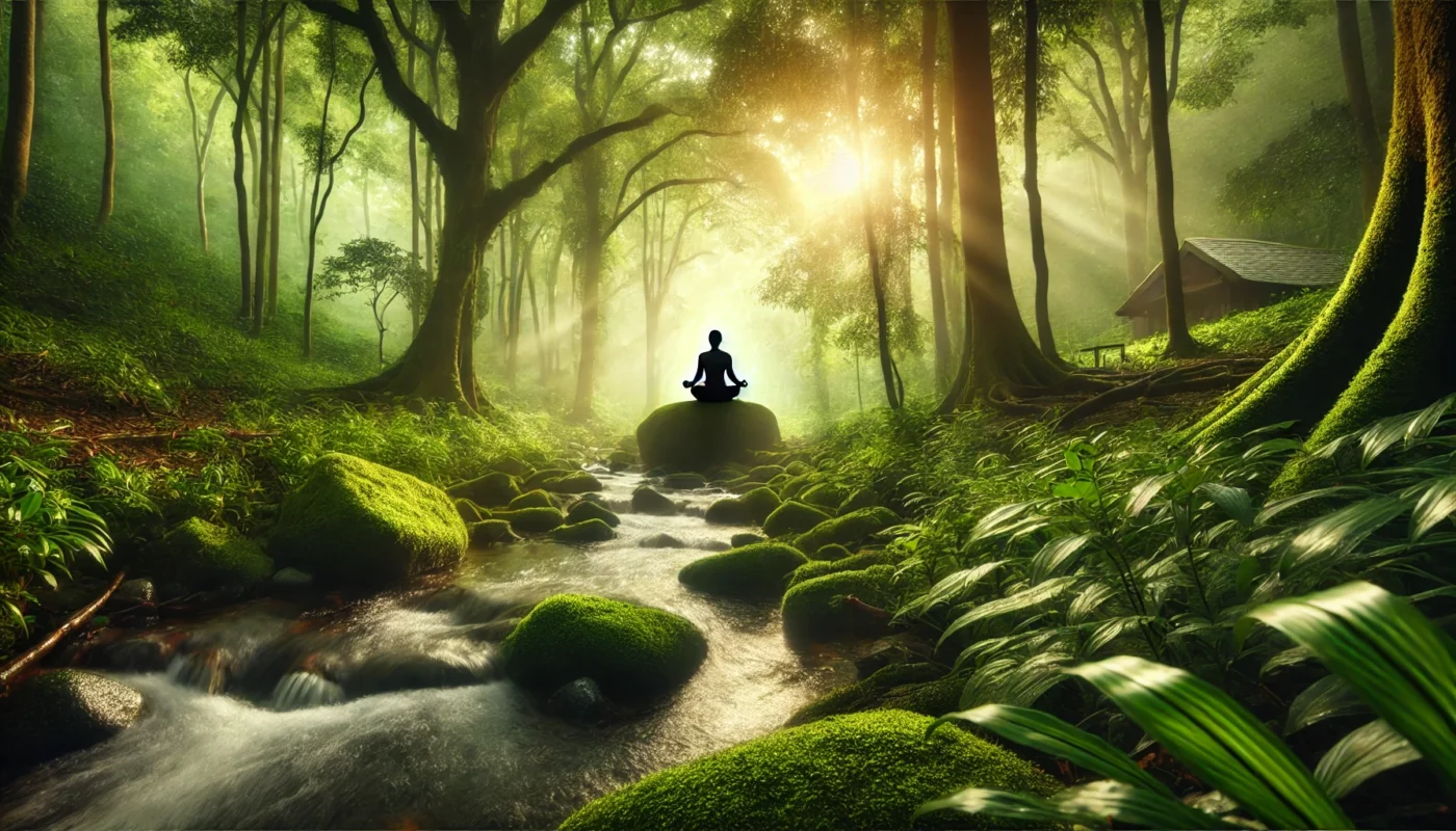 A peaceful person meditating in a lush green forest, surrounded by soft sunlight filtering through the trees. A gentle stream flows nearby, symbolizing relaxation and natural healing.