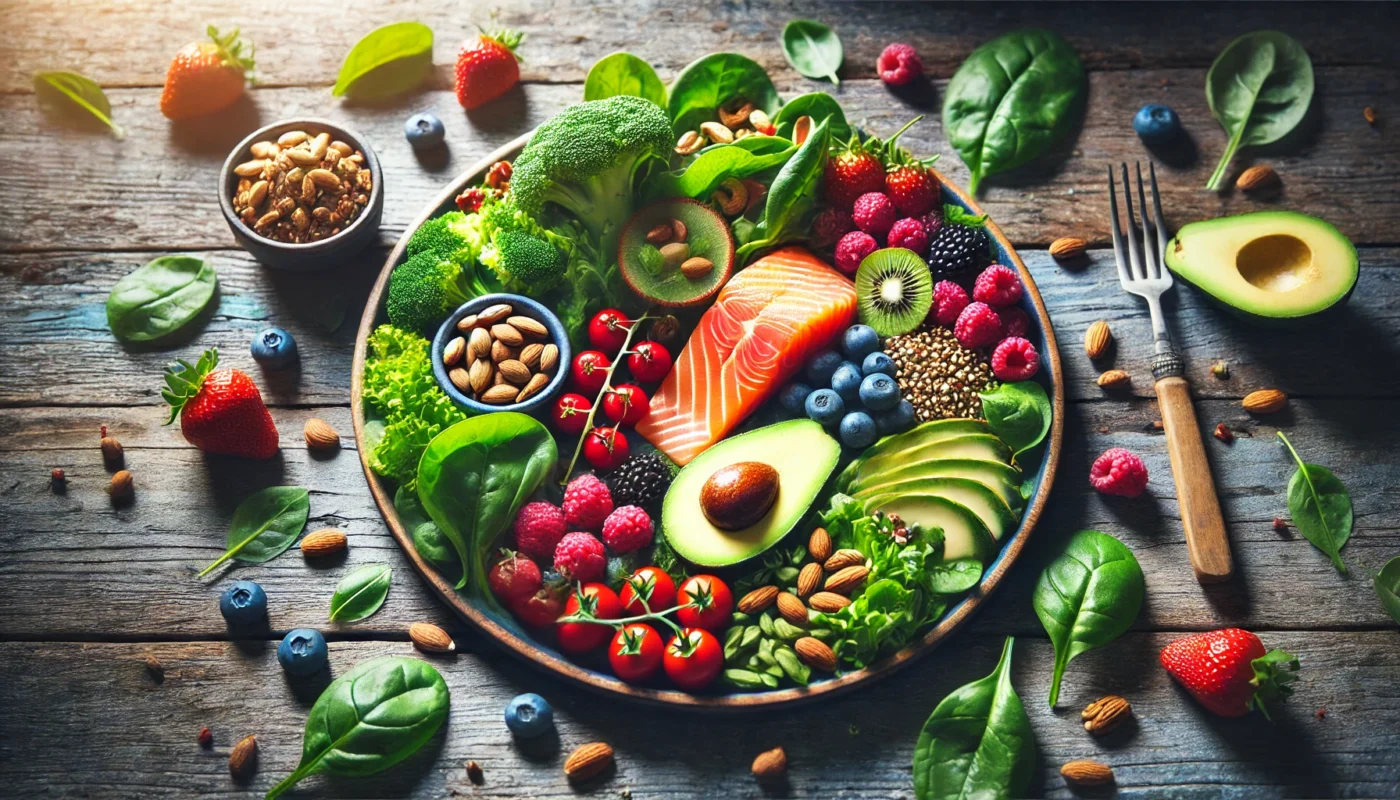 A vibrant plate of anti-inflammatory foods, including fresh berries, leafy greens, nuts, salmon, and avocado, beautifully arranged on a rustic wooden table with natural lighting.