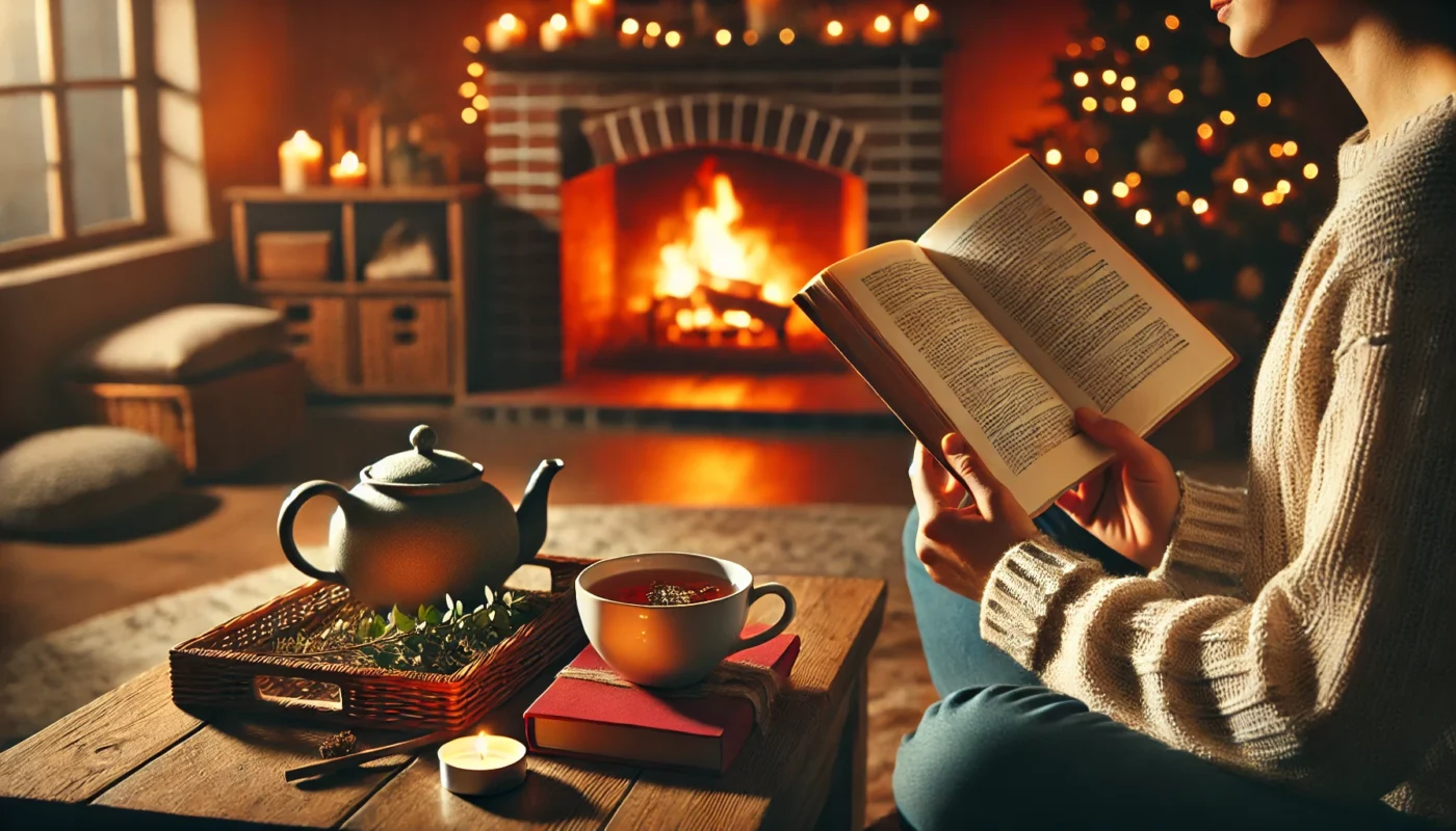 A cozy evening scene with a person practicing mindfulness by reading a book near a warm fireplace. A cup of herbal tea sits on the table, creating a calming atmosphere for stress reduction and brain health.