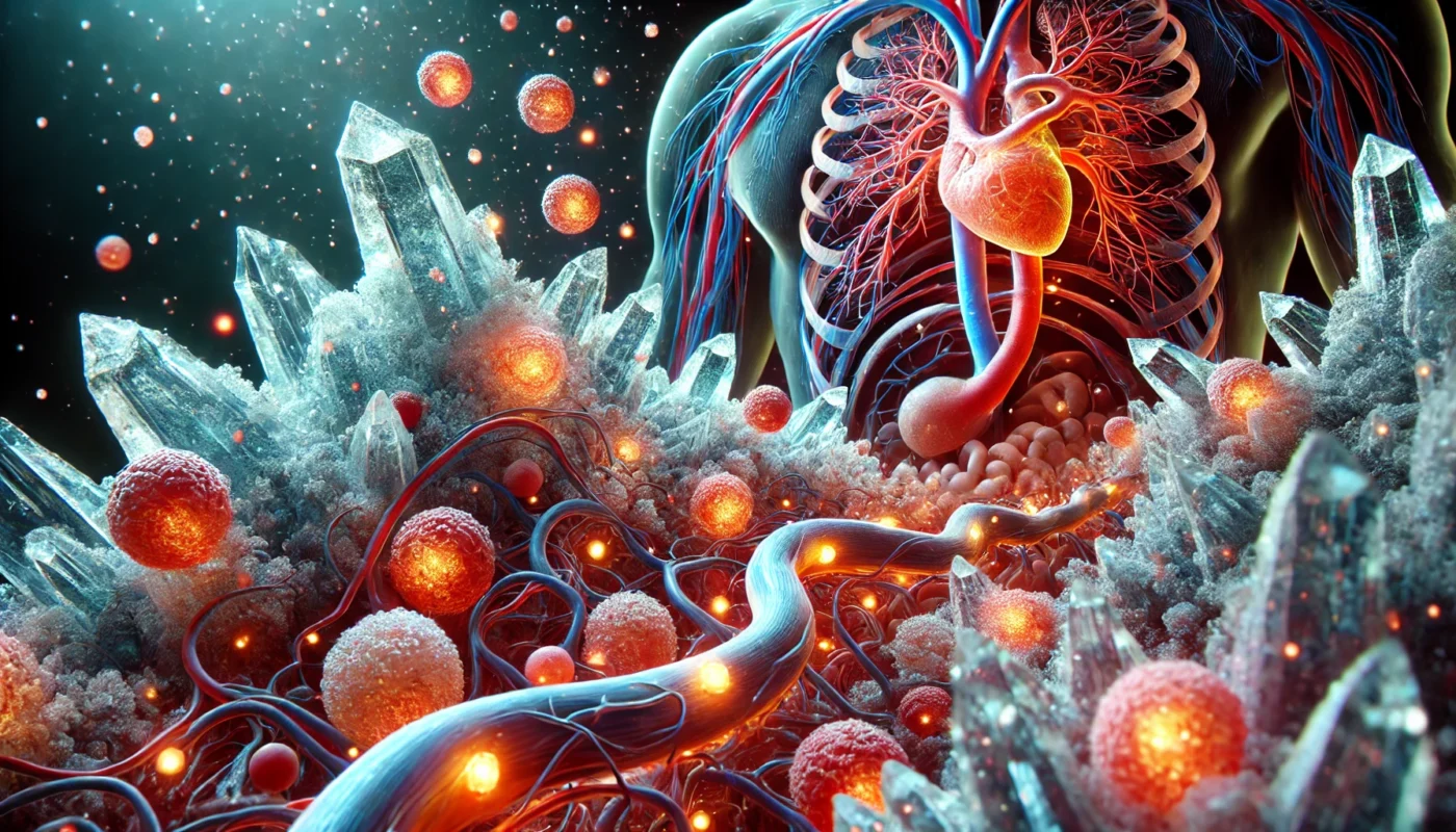 A conceptual digital painting depicting inflamed human blood vessels intertwined with crystalline salt formations, illustrating the potential effect of excessive salt on the body's immune response.