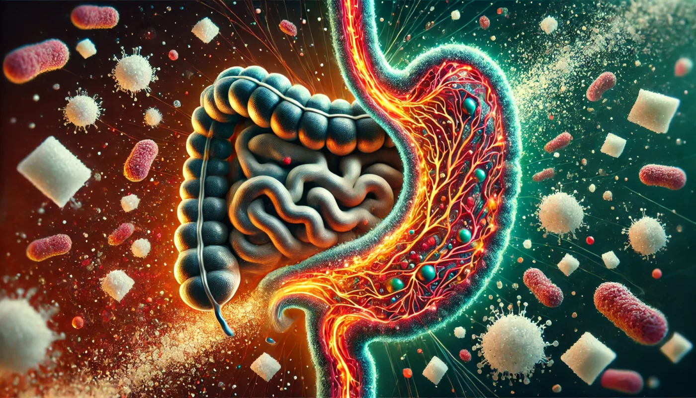 An artistic representation of the human gut microbiome, showing a contrast between a healthy, diverse gut flora and an inflamed, disrupted section affected by high salt intake, with visible salt crystals influencing microbiome balance