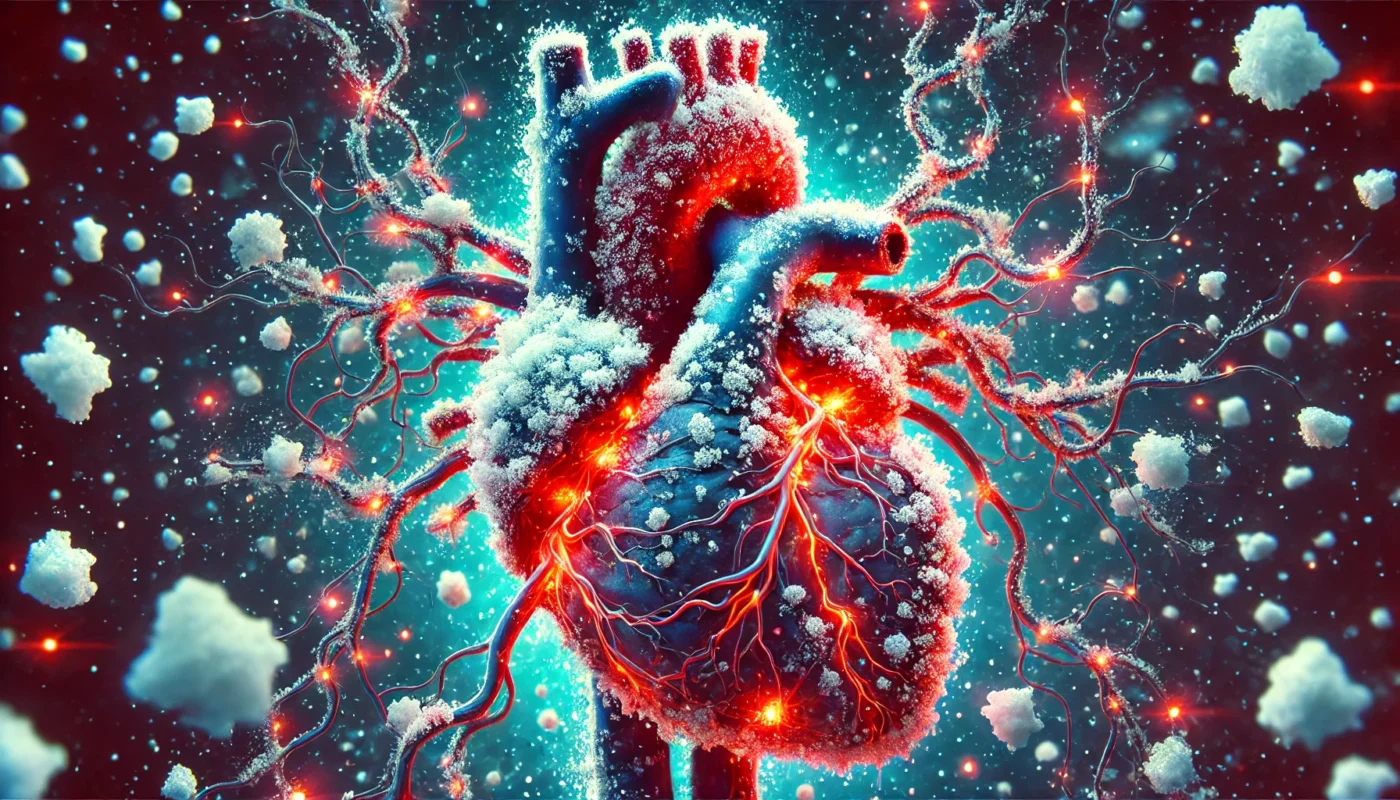 An abstract medical illustration of a human heart and arteries, partially encrusted with salt crystals, with glowing red inflammation spreading through the vessels, emphasizing the impact of excess sodium on cardiovascular health.