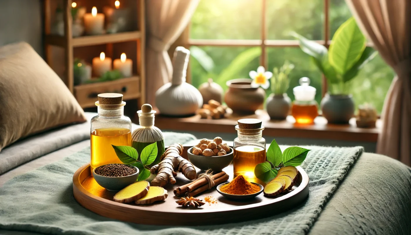 A serene spa-like setting featuring natural anti-inflammatory ingredients such as turmeric, ginger, and green tea leaves arranged on a wooden tray, illuminated by soft natural light.