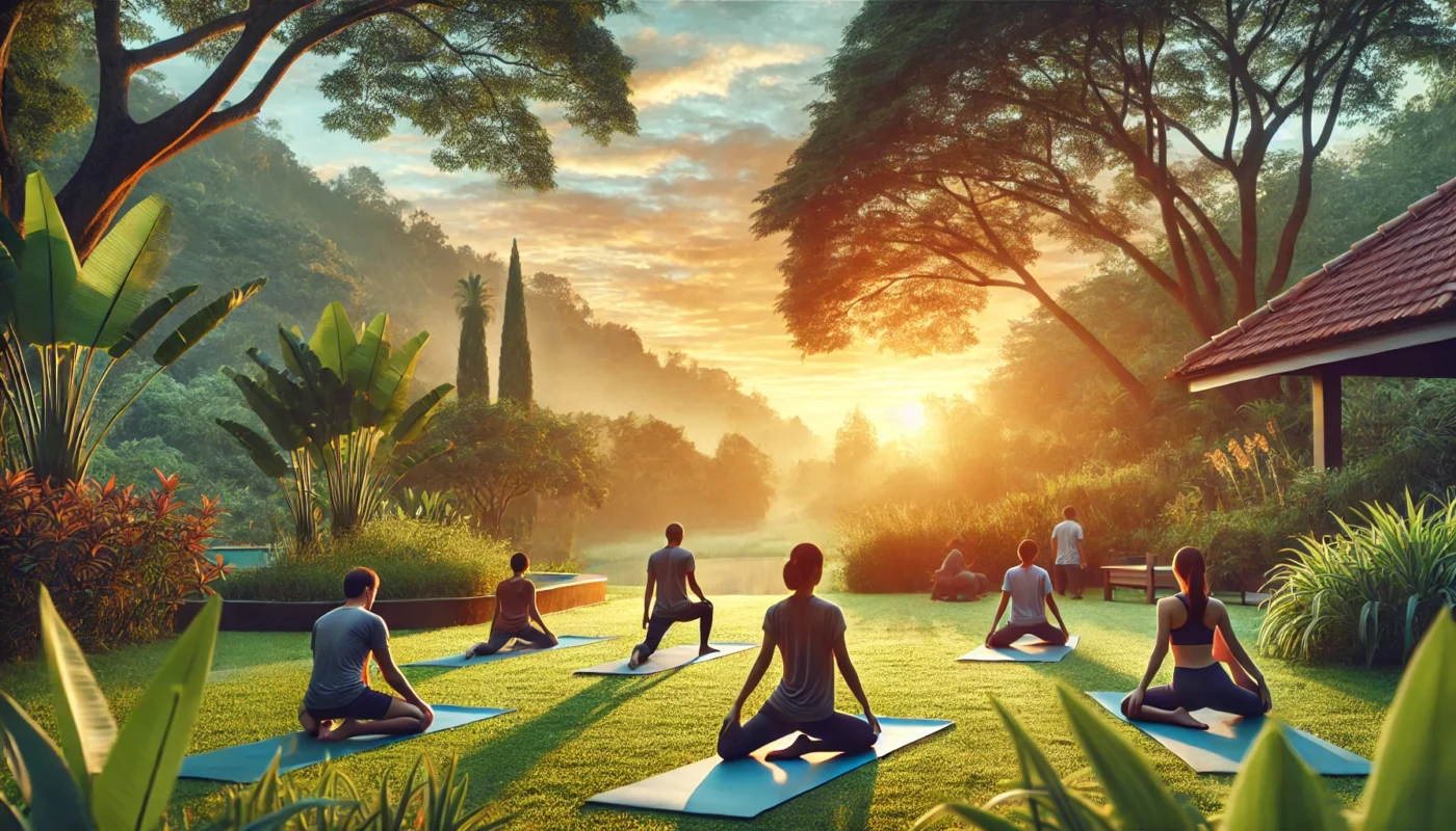 A peaceful outdoor yoga session at sunrise, with people practicing mindfulness and gentle stretching against a lush green backdrop, highlighting stress reduction as a therapy for inflammation.