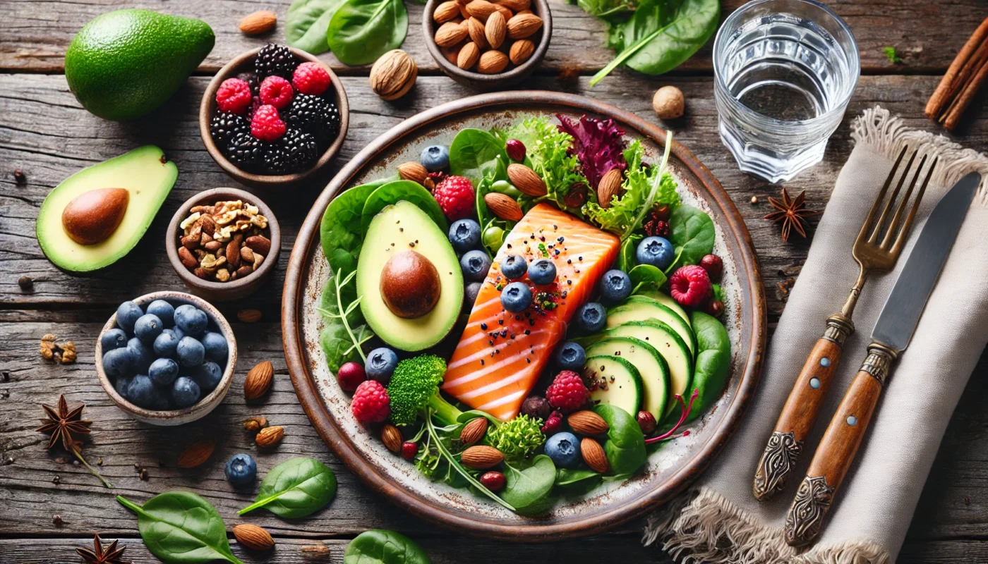 A beautifully plated anti-inflammatory meal consisting of fresh salmon, avocado, leafy greens, berries, and nuts, presented on a rustic wooden table with natural lighting.