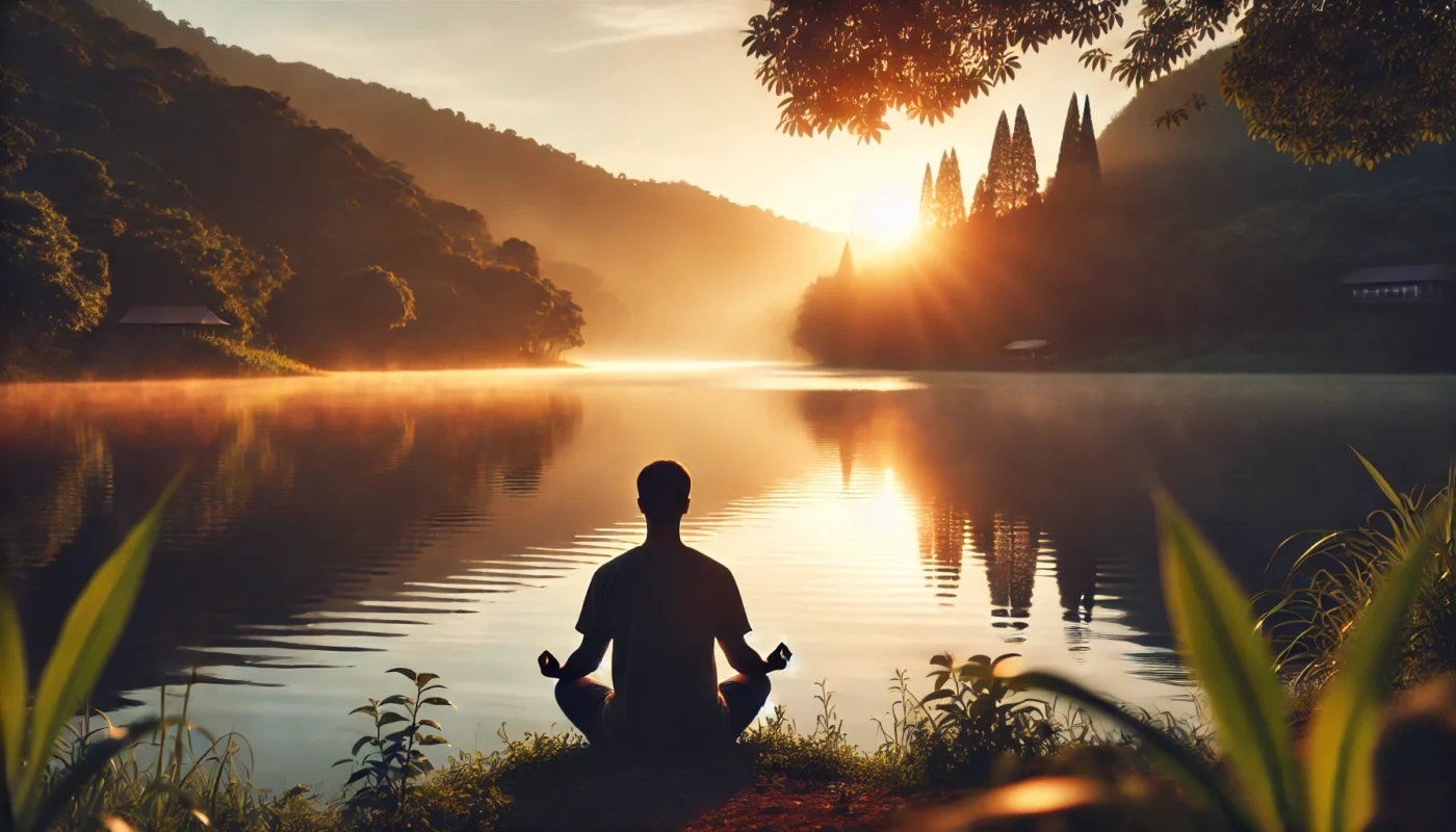 A tranquil scene of a person meditating by a calm lake during sunset, surrounded by nature, reflecting the impact of mindfulness and stress management on reducing inflammation.