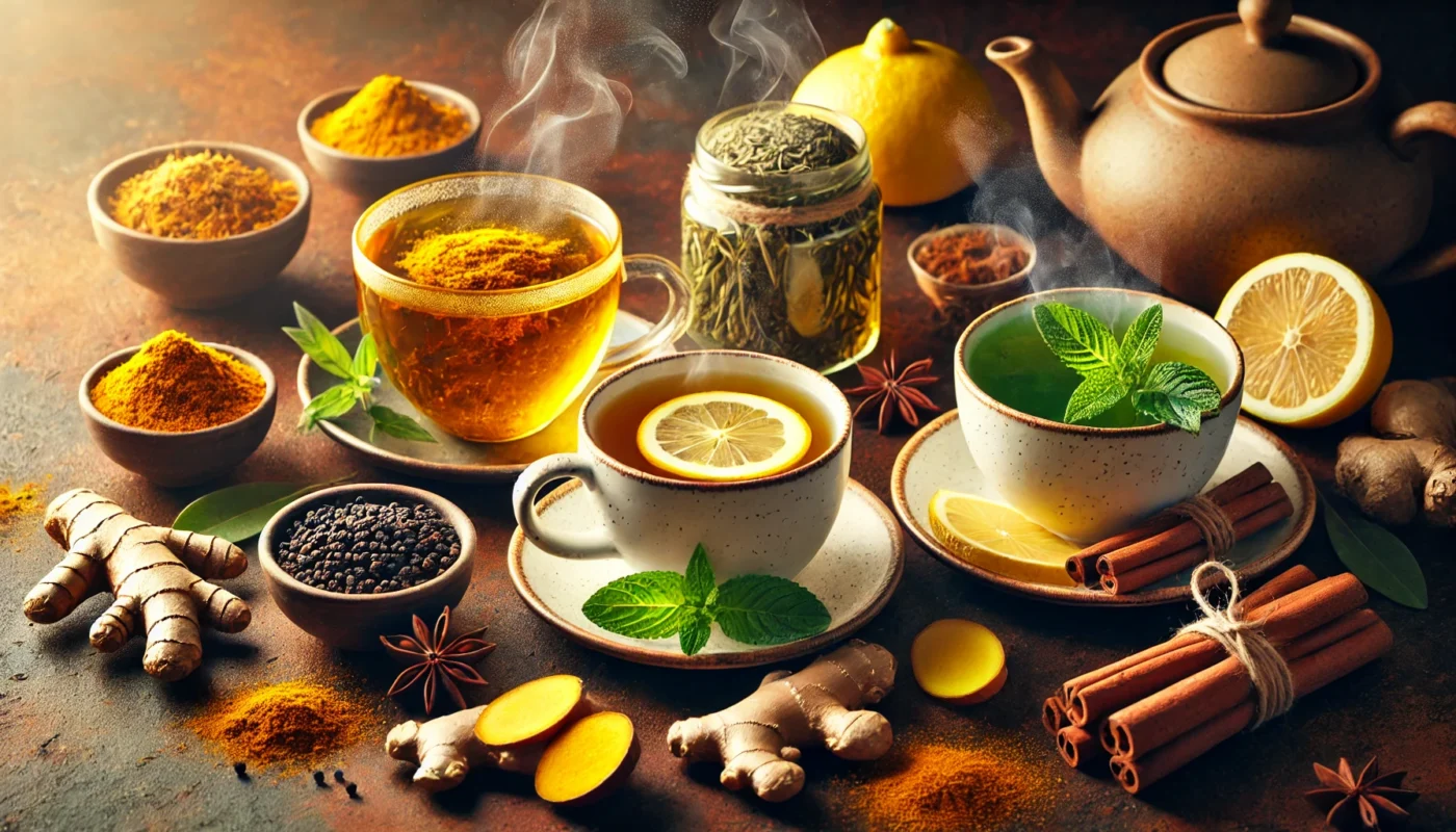 A rustic tea preparation scene featuring powerful anti-inflammatory teas. The image showcases a steaming cup of turmeric tea with black pepper, lemon ginger tea with lemon slices, green tea with fresh mint leaves, and rooibos tea with cinnamon sticks. The earthy tones emphasize natural healing.