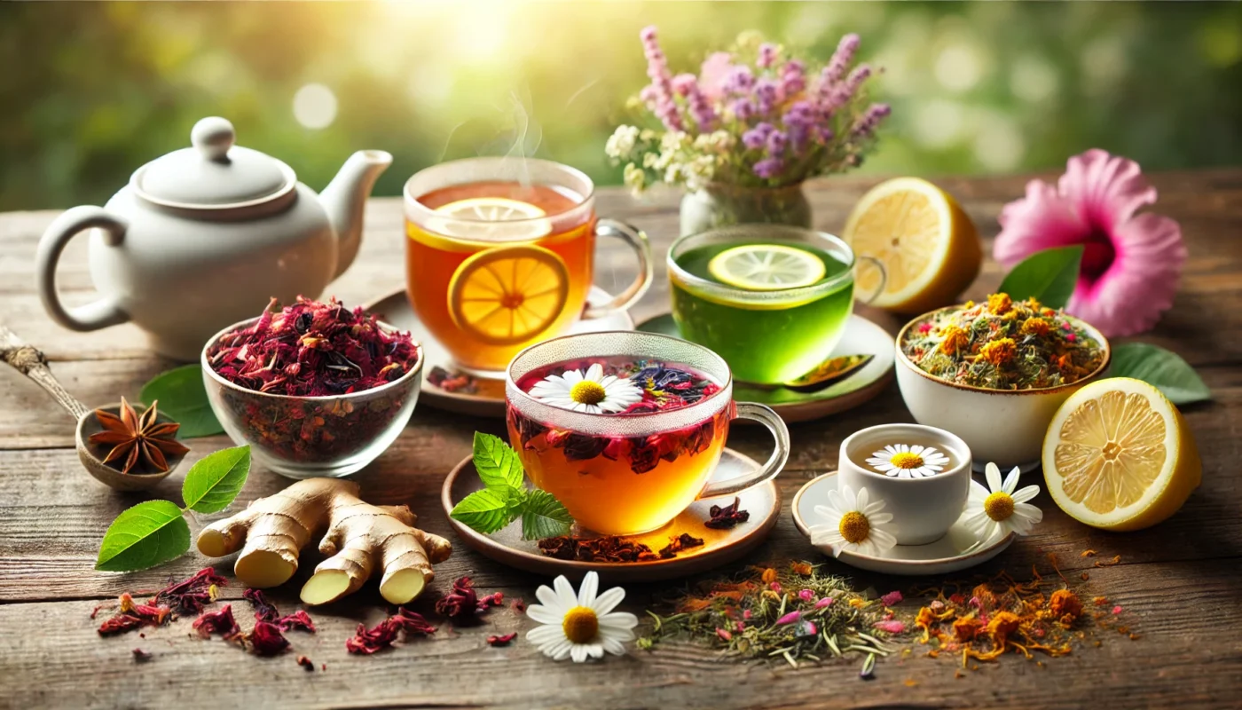 A vibrant herbal tea assortment on a wooden table, featuring a cup of hibiscus tea with dried petals, steaming ginger tea with fresh slices, chamomile tea with delicate flowers, and green tea with lemon slices. Soft natural lighting enhances the wellness-inspired atmosphere.