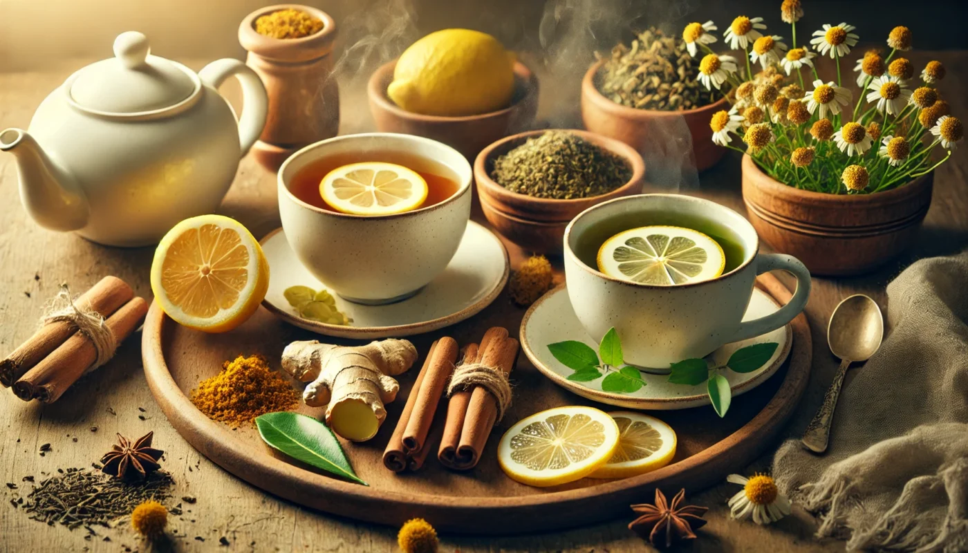 A cozy tea scene with four natural teas for inflammation relief—steaming ginger tea with lemon slices, turmeric tea with a cinnamon stick, green tea with fresh leaves, and chamomile tea with dried blossoms. The setting includes a wooden tray and warm lighting, creating a comforting ambiance.