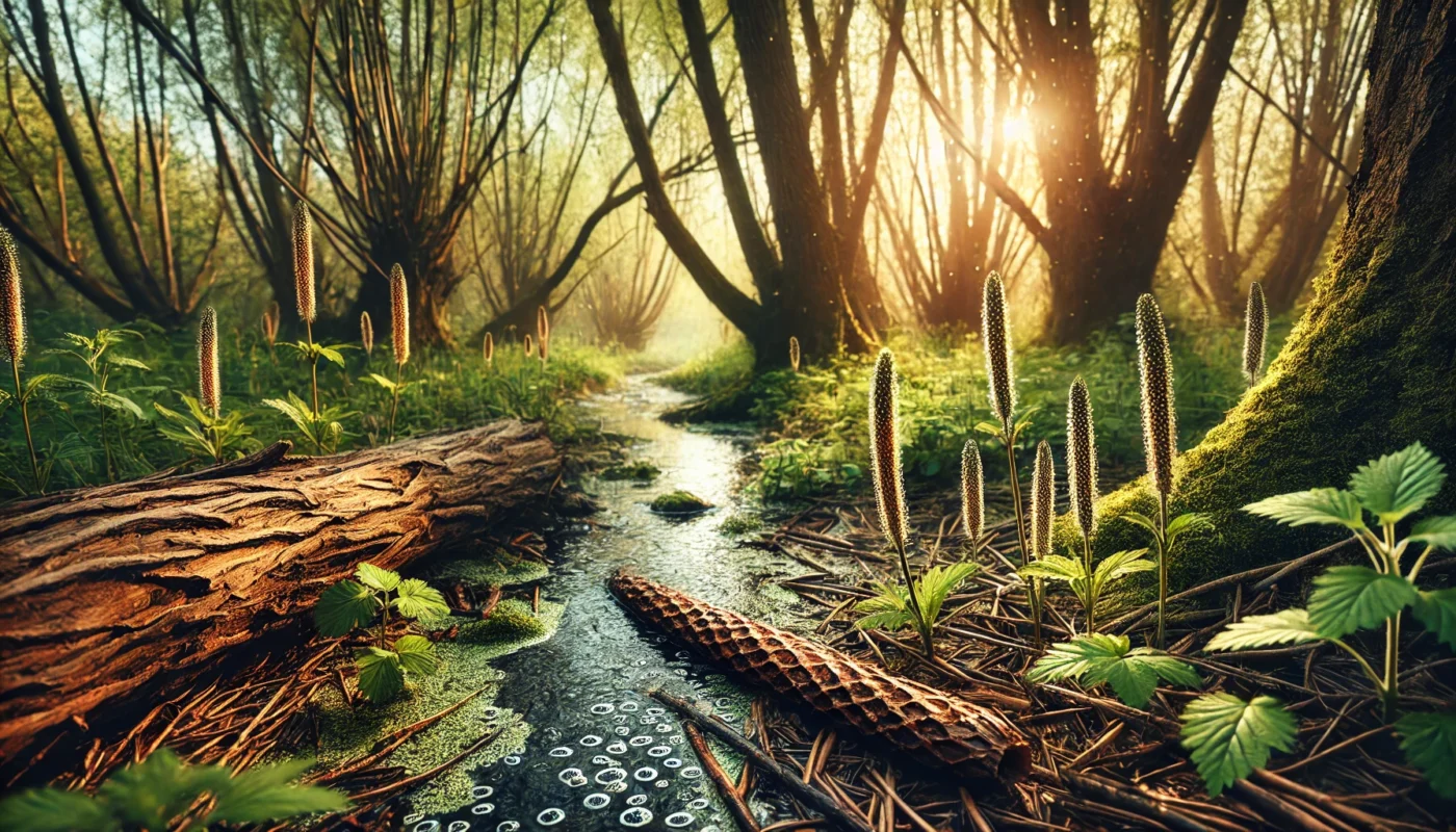 A tranquil forest scene featuring wild willow trees and a flowing stream, with a close-up of willow bark on the forest floor, highlighting its role as a natural alternative to ibuprofen.