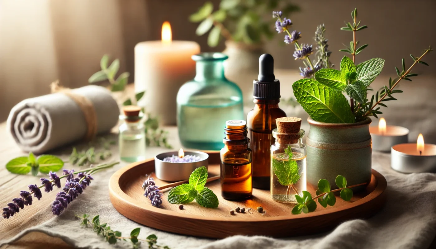 A holistic wellness setup with essential oils for pain relief, featuring small glass bottles of peppermint, lavender, and eucalyptus oils on a wooden tray with fresh herbs and a lit candle, creating a soothing atmosphere.