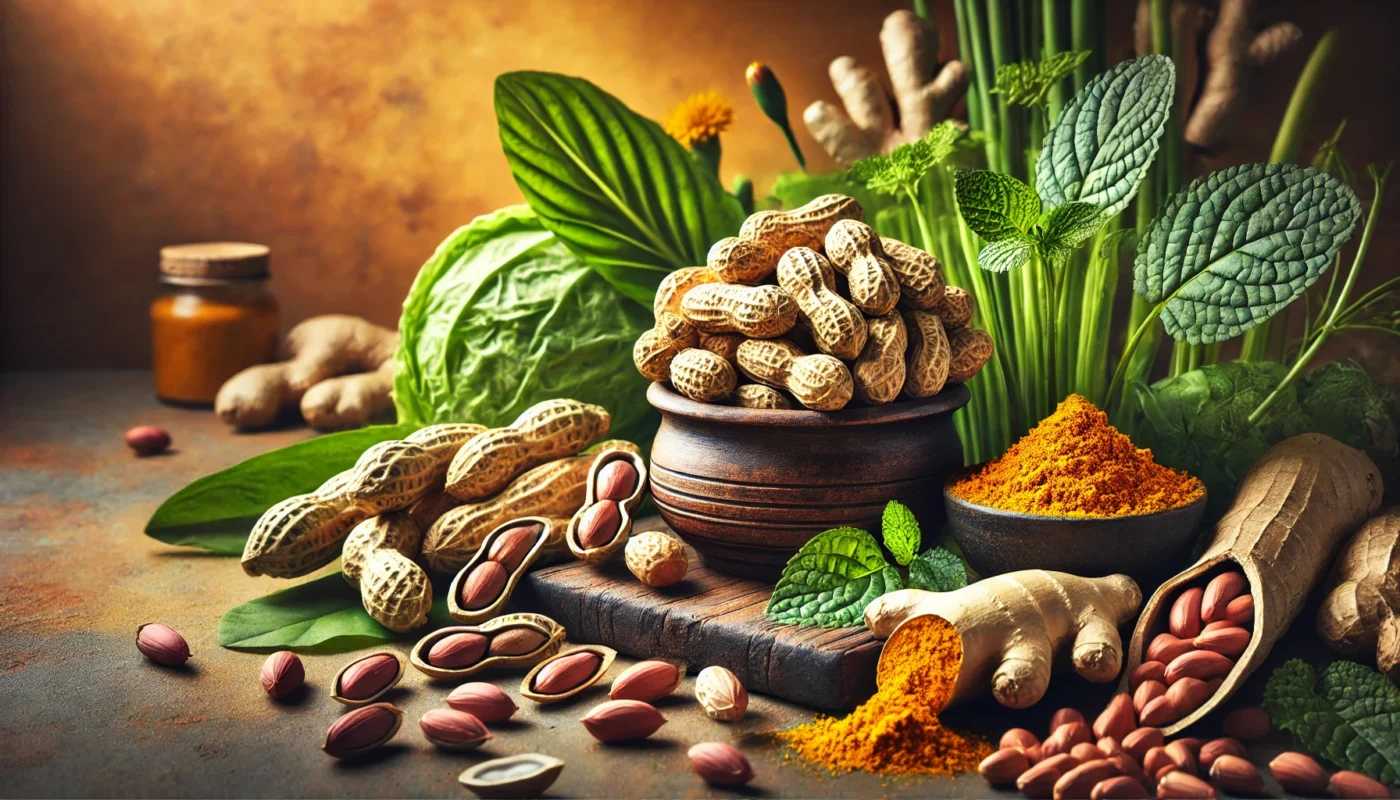 A vibrant still life of raw and roasted peanuts alongside anti-inflammatory ingredients like turmeric, ginger, and leafy greens, symbolizing their natural health benefits.