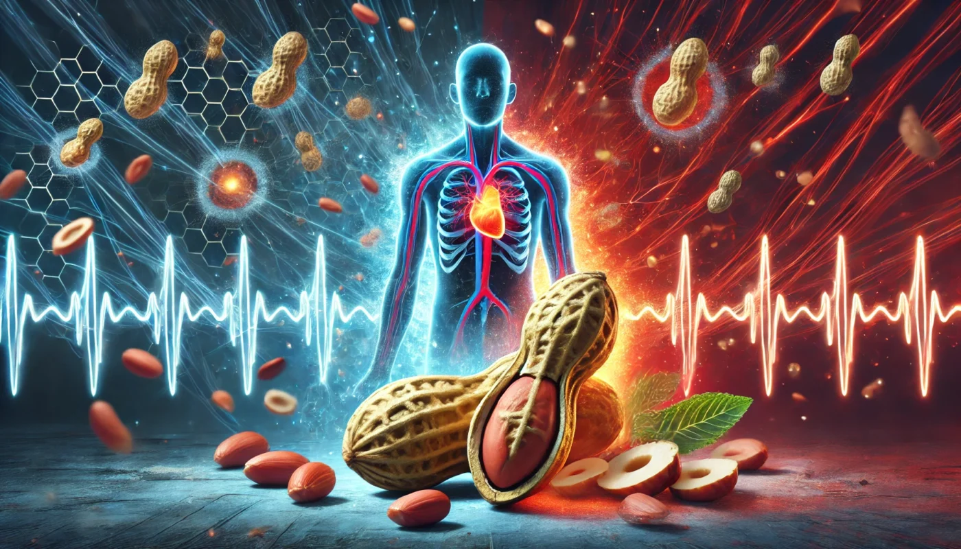 A conceptual image of peanuts surrounded by glowing energy waves, illustrating their anti-inflammatory properties with a dynamic contrast between red inflammation and calming blue tones.