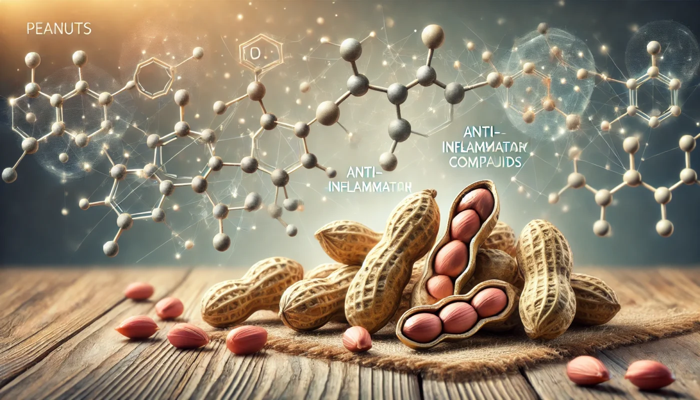 A scientific composition featuring peanuts alongside molecular structures representing anti-inflammatory compounds, blending realism with scientific illustration.