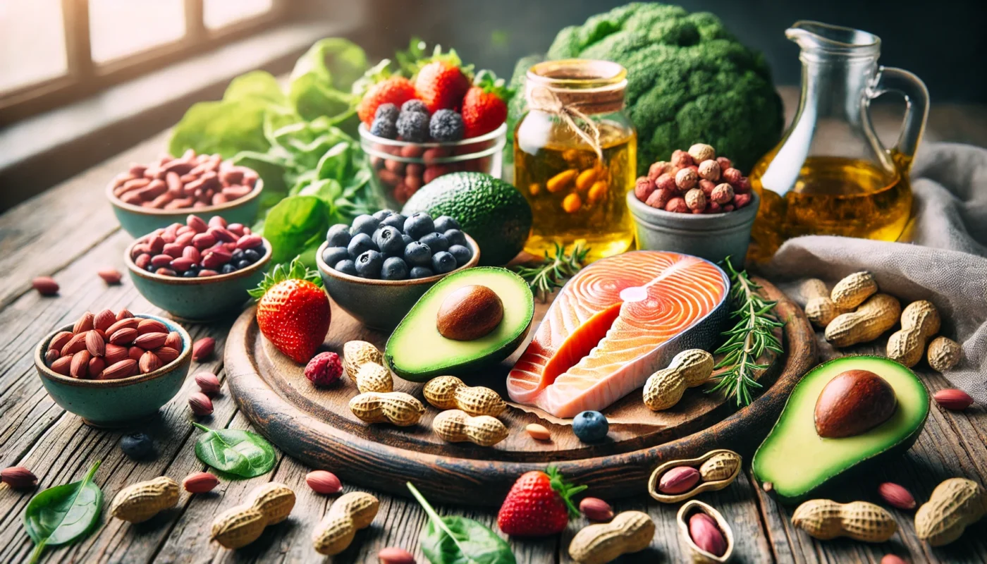 A health-focused spread showcasing peanuts with avocado, berries, salmon, and leafy greens, highlighting their role in an anti-inflammatory diet