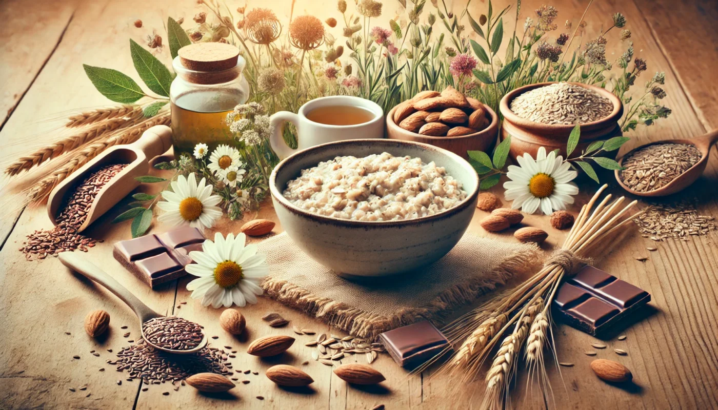 A holistic representation of oatmeal’s anti-inflammatory benefits, set on a rustic wooden table with almonds, flaxseeds, and dark chocolate. A soft overlay of green tea leaves and chamomile flowers symbolizes natural healing.