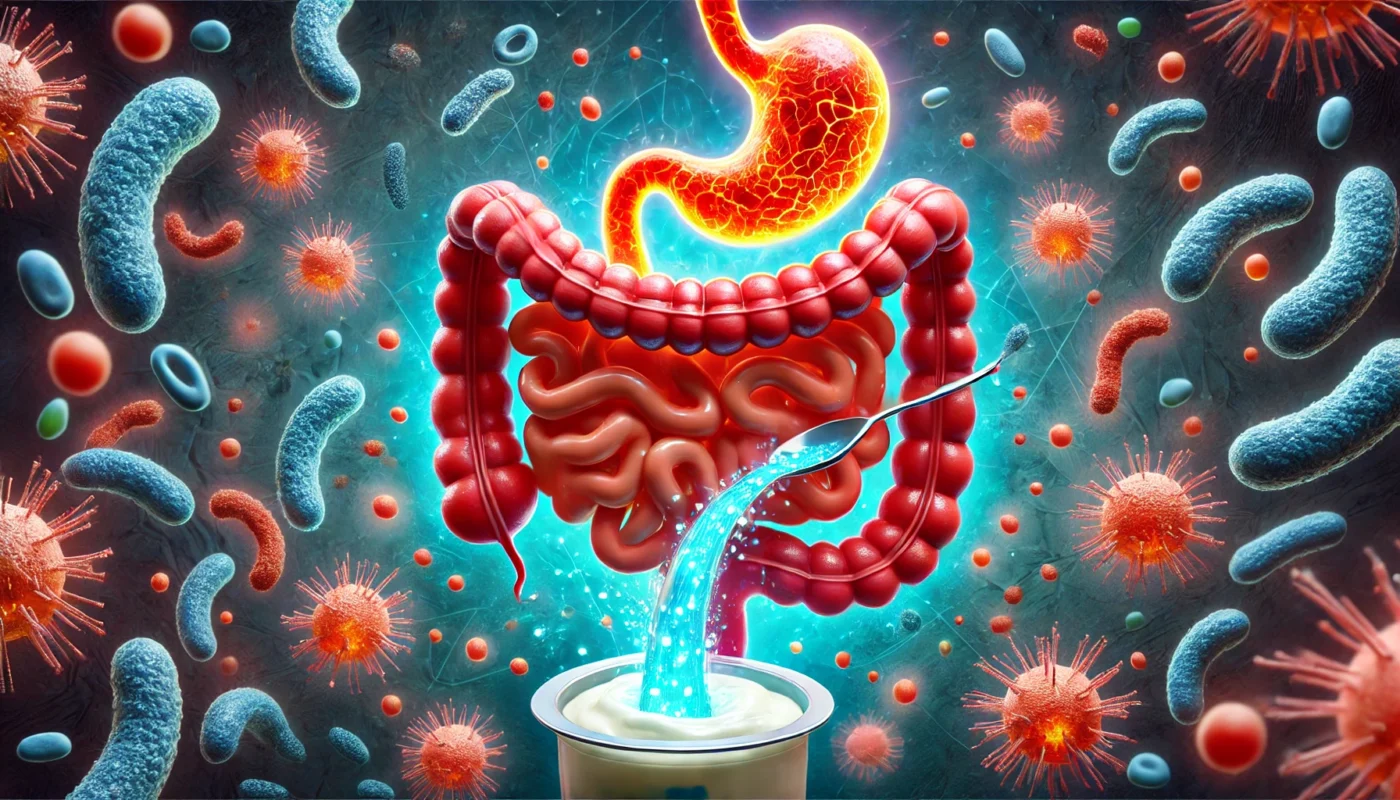 A science-inspired digital illustration of yogurt’s impact on gut health. The image features a stylized digestive system where harmful, red inflamed areas are being neutralized by glowing blue probiotics, emphasizing gut balance and wellness.