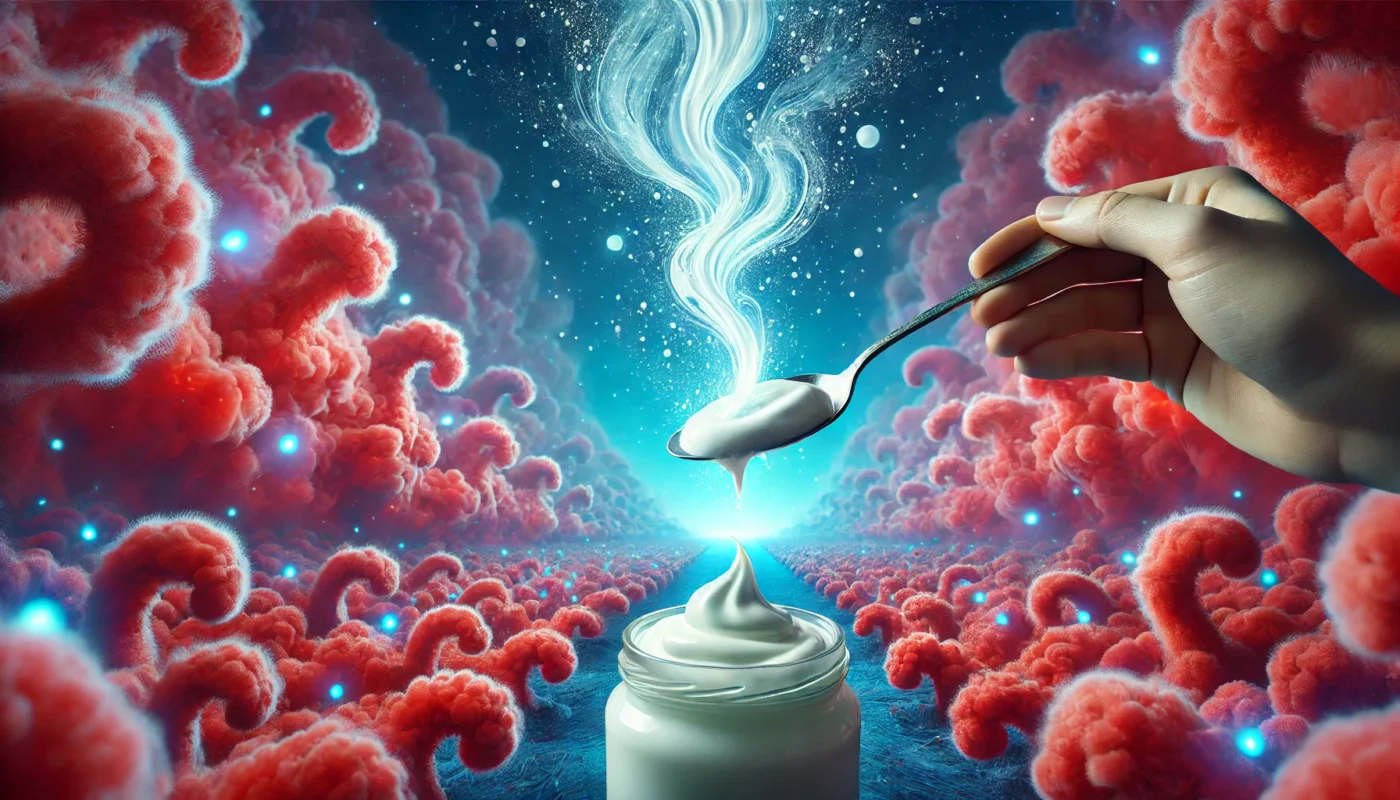 A surreal artistic depiction of yogurt reducing inflammation. A spoonful of yogurt releases glowing probiotics into a swirling red storm, soothing the inflammation with a cool blue aura, symbolizing its beneficial role in gut health.