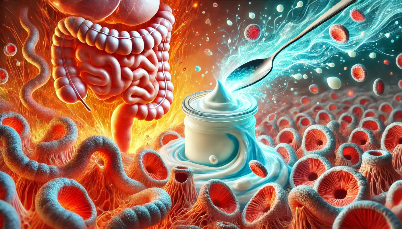 A detailed cellular-level visualization of yogurt’s impact on inflammation. The image showcases gut cells under attack by fiery red inflammation, with a wave of yogurt-based probiotics flowing in, healing and soothing the affected areas with a soft blue glow.