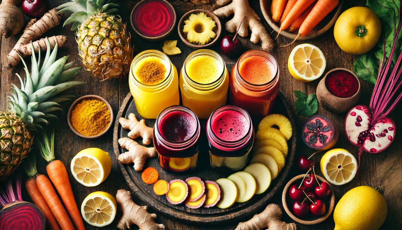 A top-down view of four mason jars filled with anti-inflammatory juices, arranged on a rustic wooden table with fresh turmeric, ginger, pineapple, lemon, beetroot, carrot, and cherries. Warm lighting enhances the organic and nutritious appeal