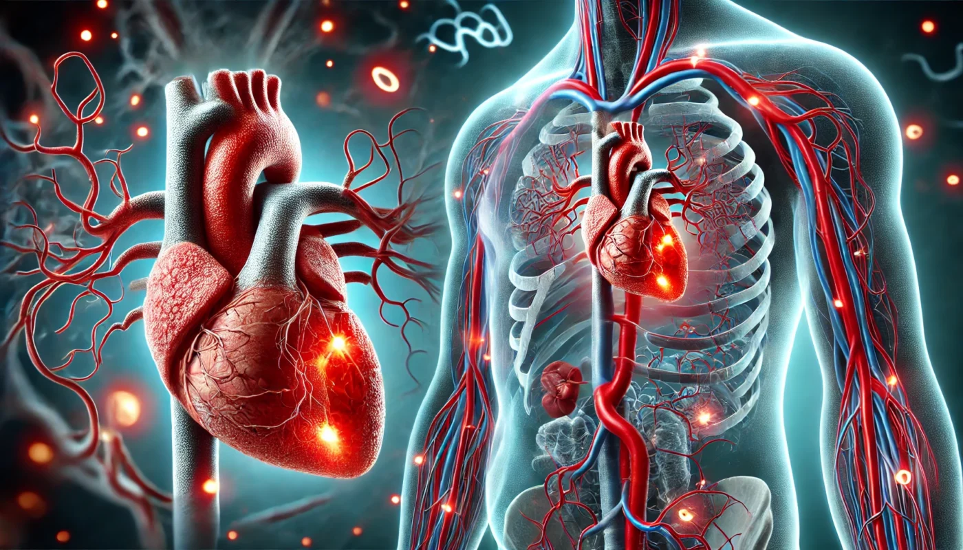 A detailed visualization of the human cardiovascular system, showing inflamed blood vessels with redness and swelling alongside healthy blood vessels. The contrast highlights the impact of chronic inflammation on arteries, illustrating how inflammation can contribute to hypertension.