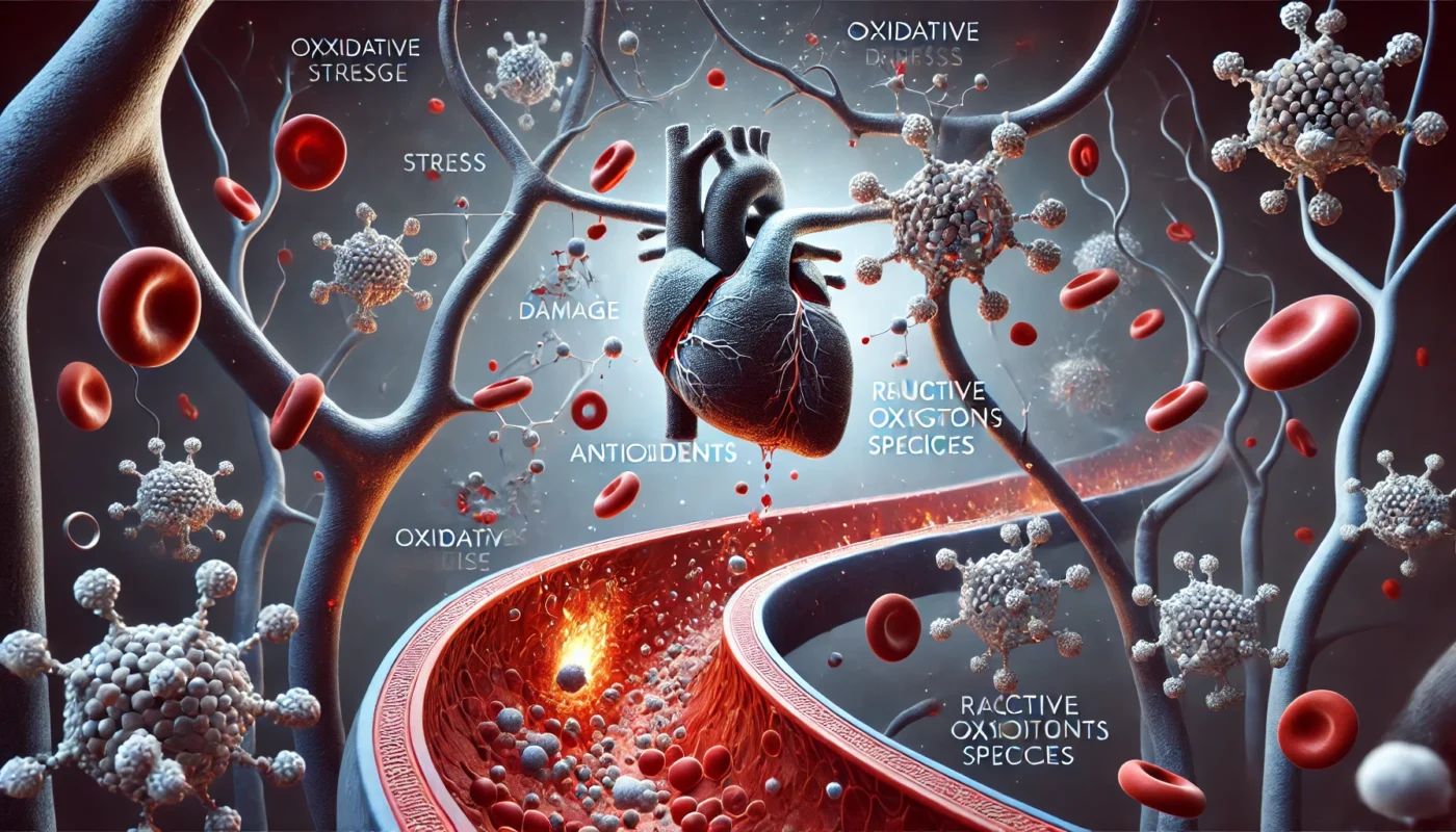 A conceptual representation of oxidative stress in blood vessels, showing the interaction between free radicals and antioxidants. The image illustrates how oxidative damage affects artery walls, leading to inflammation and hypertension. A contrast between healthy arteries and those affected by oxidative stress is visible.