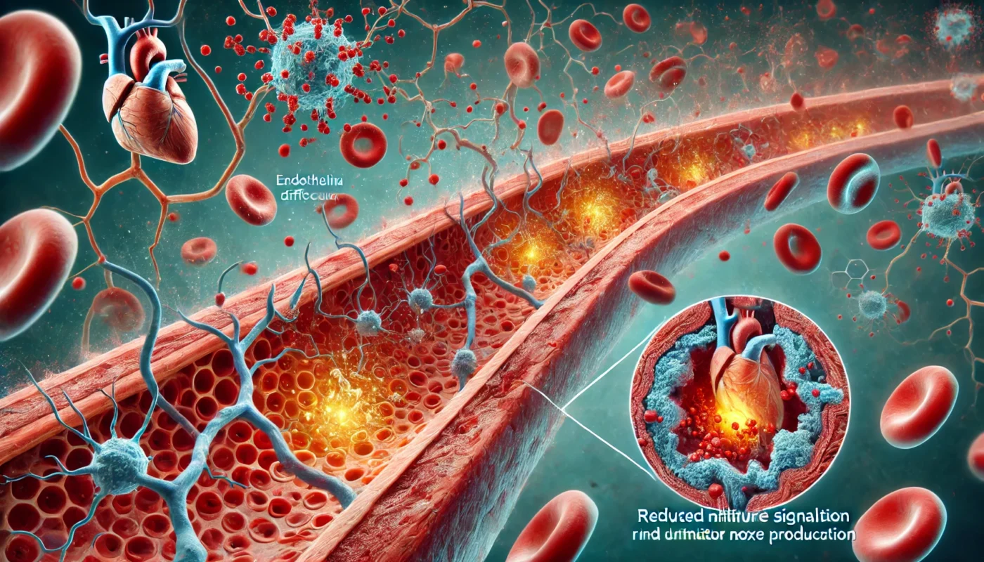 An artistic depiction of endothelial dysfunction due to inflammation, showing a close-up of the inner lining of a blood vessel. The image highlights damage to the endothelium, with reduced nitric oxide production leading to constricted arteries. A scientific visualization of molecular signals and inflammatory cytokines interacting with blood vessel walls is included.