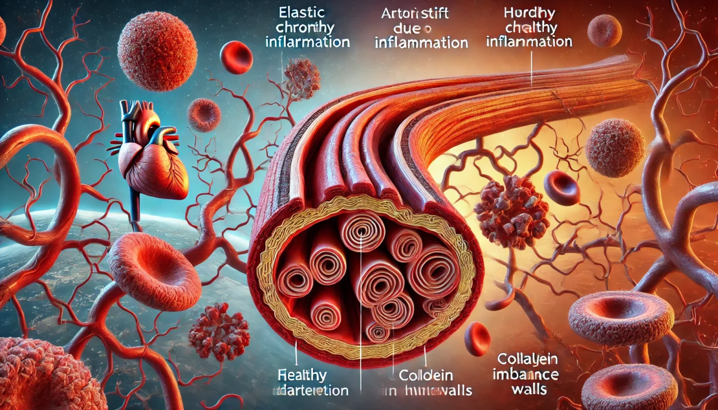 A medical illustration of arterial stiffness due to chronic inflammation, depicting thickened and rigid blood vessels. The image contrasts elastic, healthy arteries with hardened arteries, emphasizing the role of inflammation in hypertension. A scientific perspective with cellular structures and collagen imbalance in vascular walls is included.