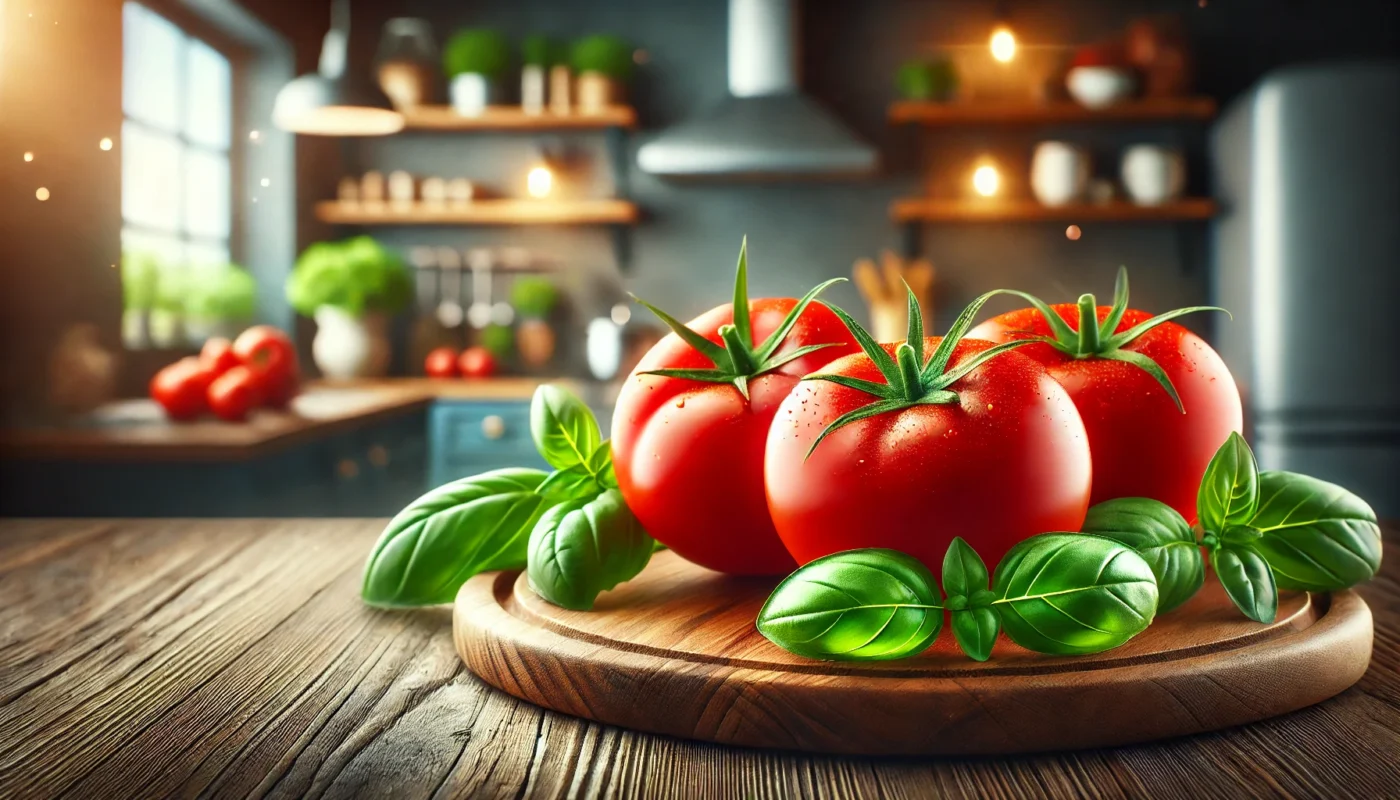 A realistic depiction of ripe red tomatoes on a wooden cutting board, surrounded by fresh green basil leaves. The background features a softly blurred kitchen setting with warm lighting, emphasizing freshness and nutrition.