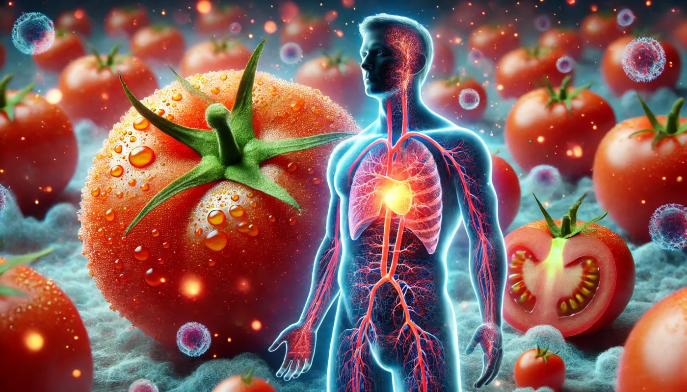 A conceptual image showing the microscopic view of inflammation in the human body overlaid with a semi-transparent layer of tomatoes. The inflammation is depicted with glowing red and orange cellular structures, symbolizing an immune response