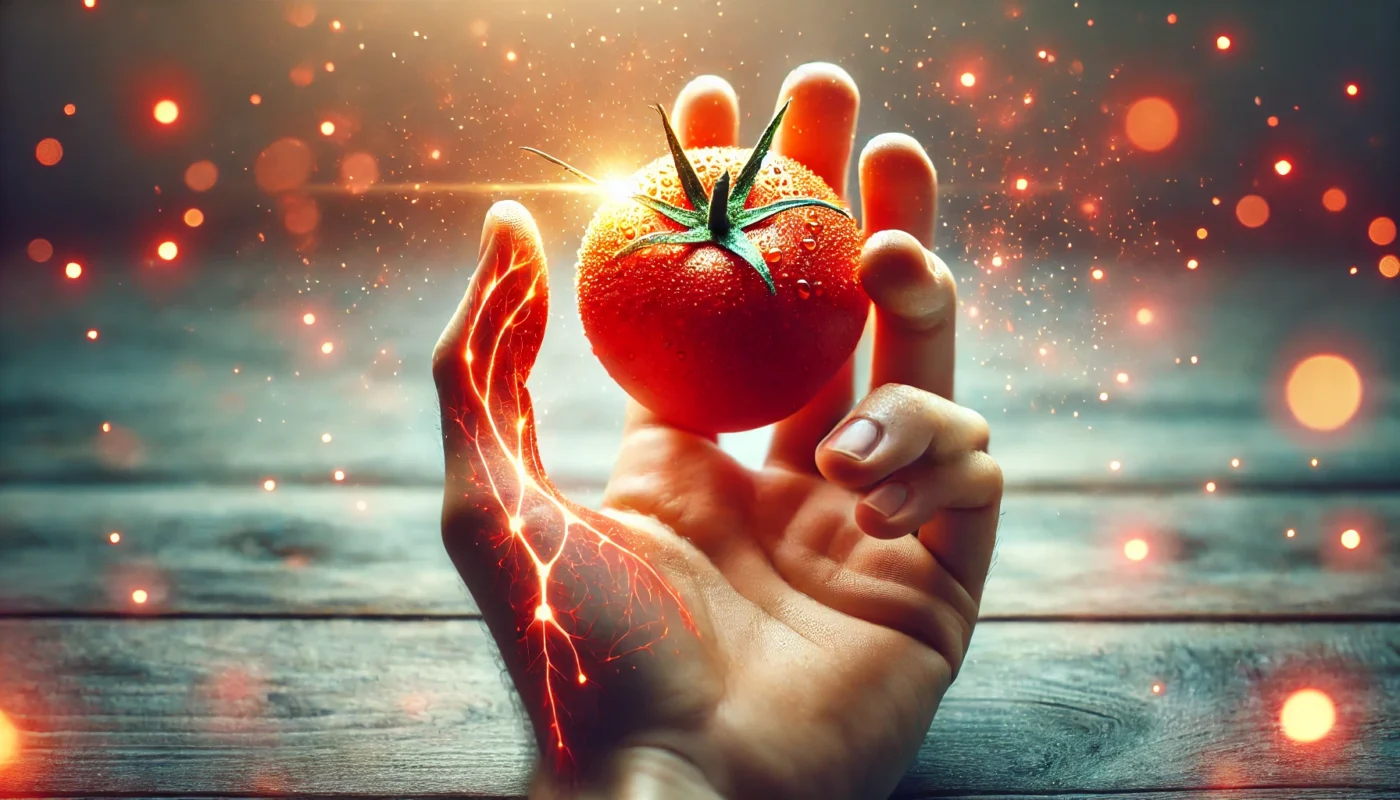 A visually striking image of a human hand reaching out to touch a fresh tomato, with an artistic overlay of inflammatory red light around the fingers. The glistening tomato symbolizes natural appeal, while the red glow suggests sensitivity or inflammation