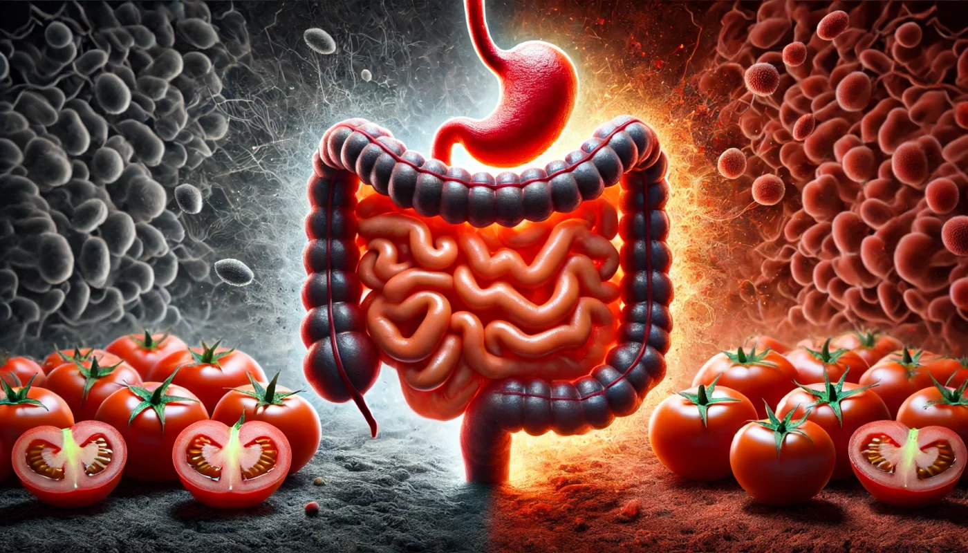 A dramatic side-by-side comparison of a healthy gut and an inflamed gut, with tomatoes as the focal point. The left side represents a balanced, glowing digestive system, while the right side illustrates inflammation with redness and swelling.