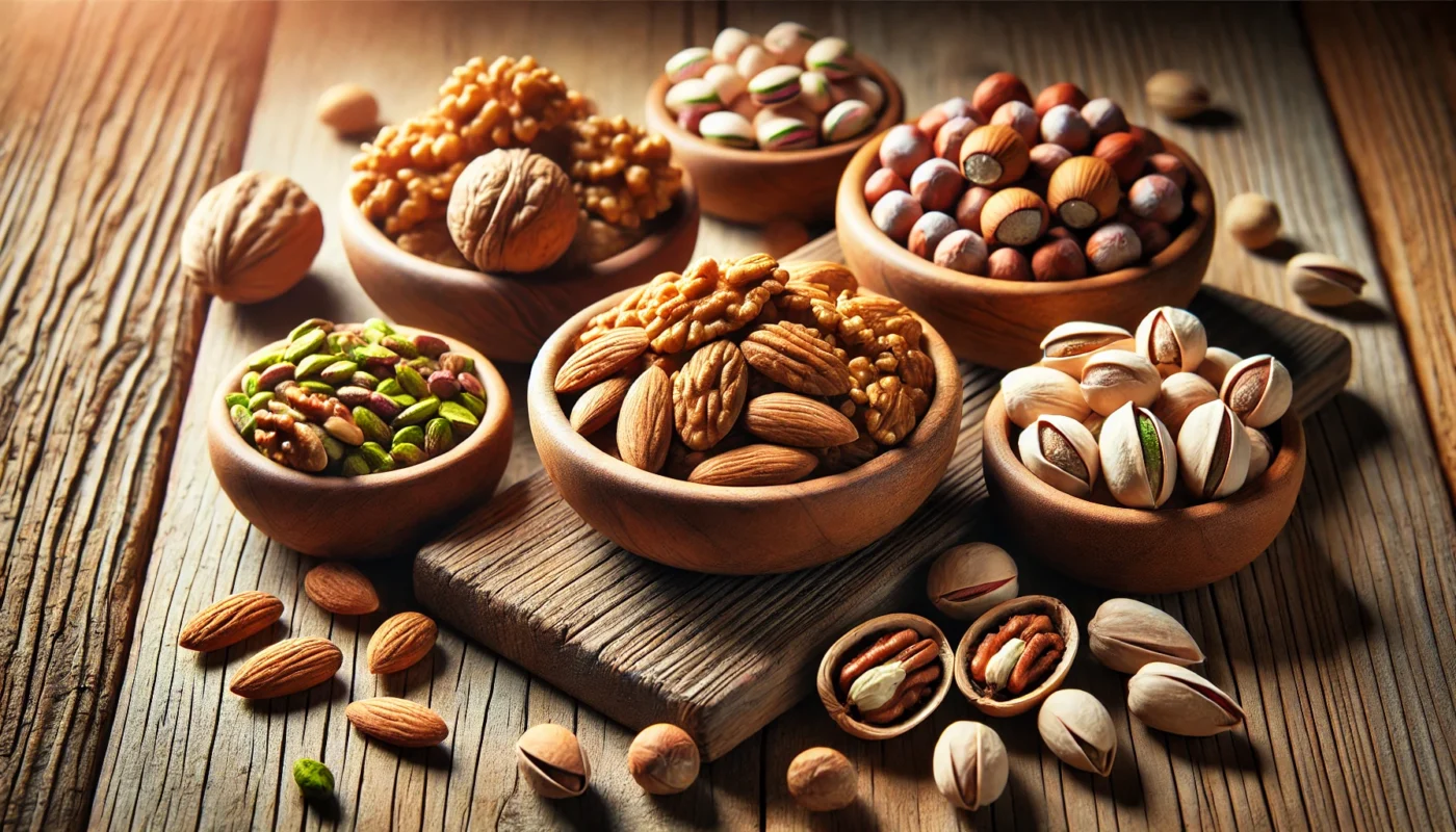 A rustic wooden table with small bowls filled with walnuts, almonds, pistachios, hazelnuts, and pecans, arranged in a visually appealing manner with soft natural lighting